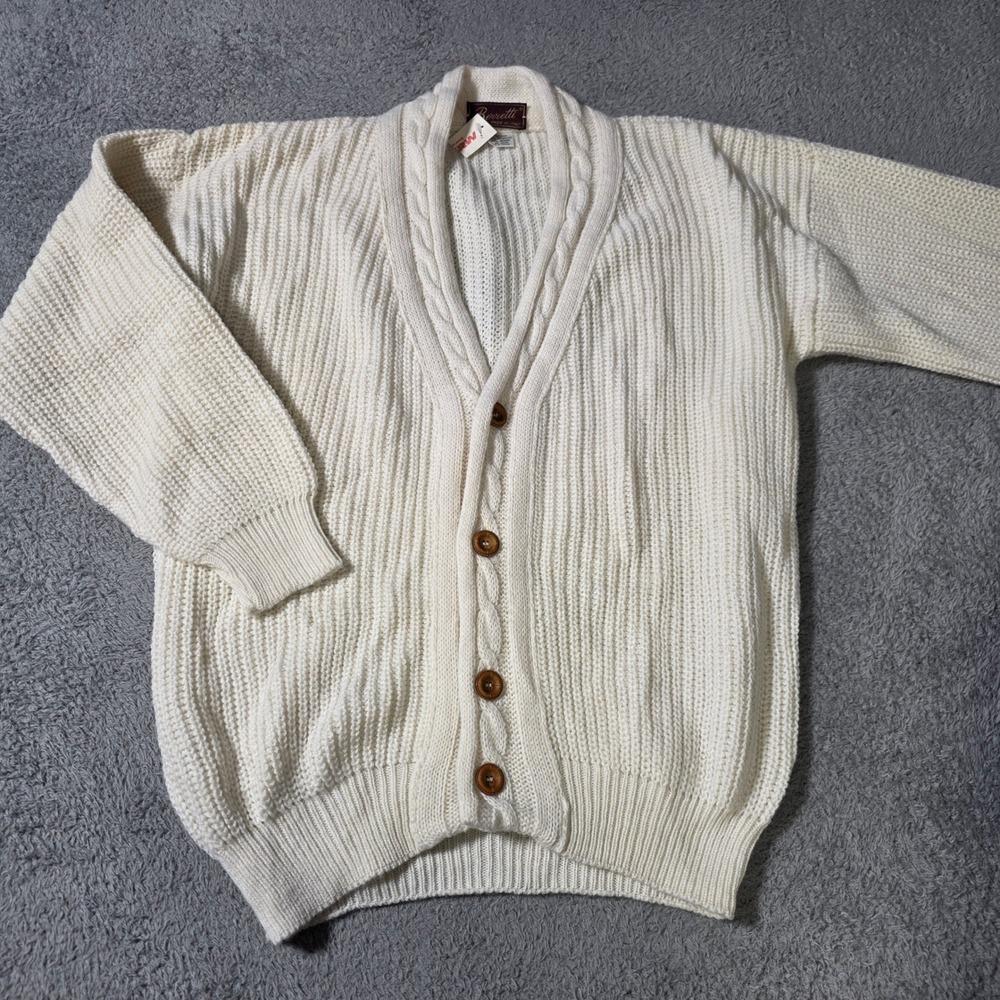Berretti Mens Medium Cardigan Sweater Cream Cable Knit Shawl Collar Made Italy